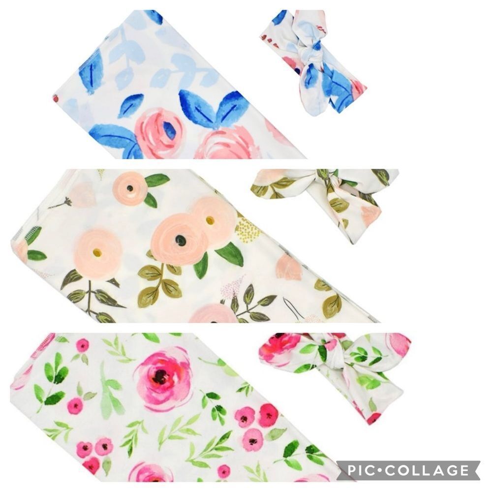 NEW Lightweight Baby Swaddle Receiving Blanket & Headband Set Stretch Jersey